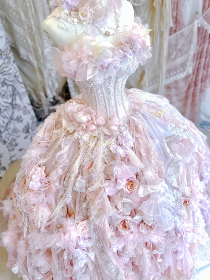 Pink Ball Gown Strapless Floral Beaded Layered Tulle Prom Dress 16th Birthday Dress DP3770