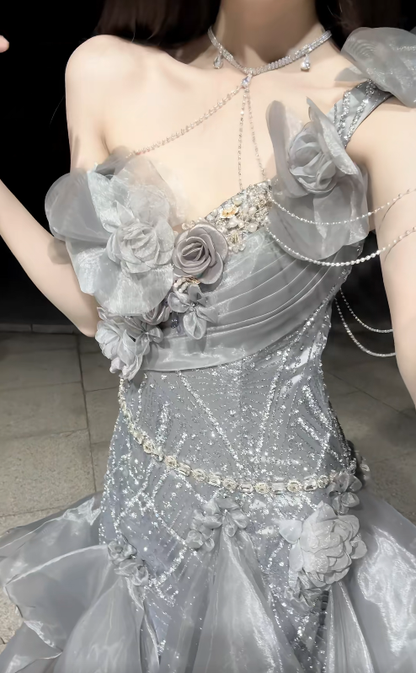 Stunning Grey Ball Gown Off the Shoulder Beaded Organza Satin Prom Dress Party Dress DP4593