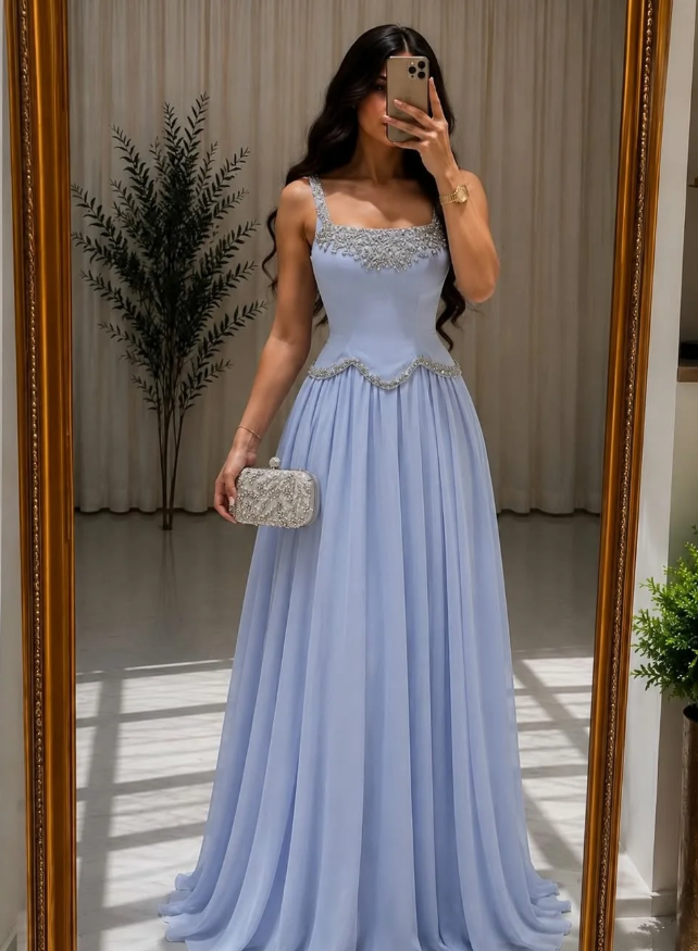 Romantic A Line Strap Exquisite Beaded Satin Chiffon Long Prom Dress Evening Dress DP6945