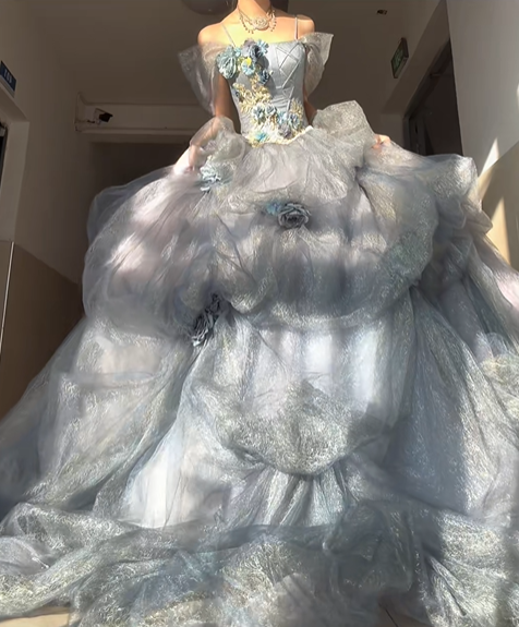 Stunning Blue Ball Gown Off the Shoulder Beaded Floral Tulle Prom Dress Party Dress DP4594