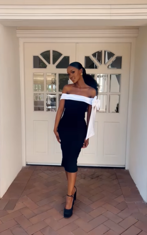 Classic Black White Sheath Off the Shoulder Satin Tea Length Evening Dress Party Dress with Bow DP3256