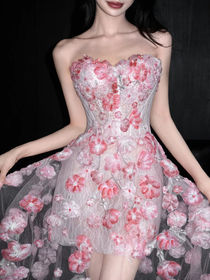 Romantic Pink 3D Floral A Line Sweetheart Neck Tulle Date Dress Evening Dress Homecoming Dress DP2903