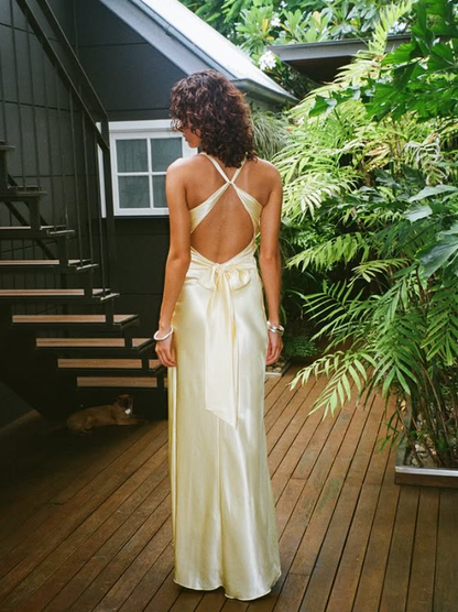 Sexy Yellow Sheath Strap Satin Open Back Prom Dress Evening Dress DP5503