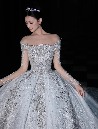 Dreamy Gray Ball Gown Lace Sequin Beaded Unique Long Sweep Wedding Dress DP5051