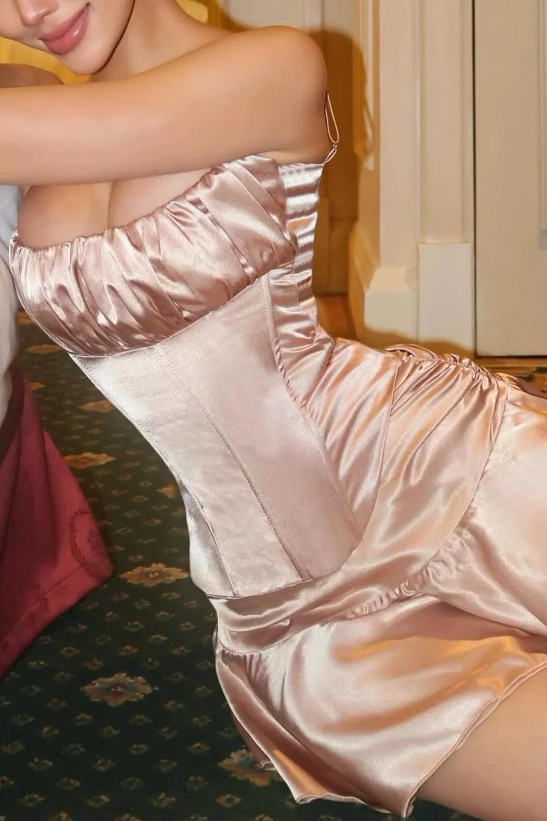 Blush Satin Spaghetti Straps Corset Homecoming Dress with Ruched Bust and Ruffle Hem DP7304