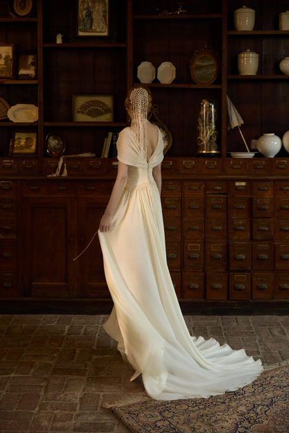 Gentle A Line V Neck Beaded Chiffon Long Prom Dress Wedding Guest Dress DP3923