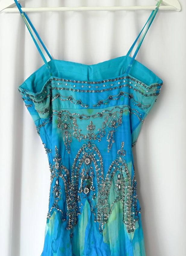 Vintage Blue Green Ombre Mermaid Ruffle Beaded Chiffon Homecoming Dress Evening Dress Date Dress DP3040