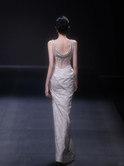 Shiny Sheath Straps Corset Silver Sequin Prom Dress Evening Dress with Slit DP2799
