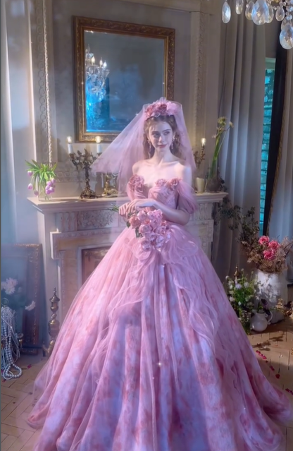 Sweety Purple Ball Gown Off the Shoulder Print Floral Tulle Long Prom Dress DP4608