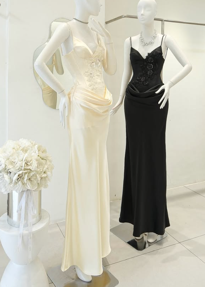 Sexy Black Sheath Spaghetti Strap Appliques Satin Prom Dress Evening Dress DP5914