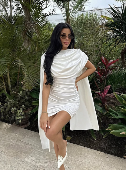 White Sexy Sheath Pleated Satin Short Homecoming Dress Cocktail Dress with Cape DP3197