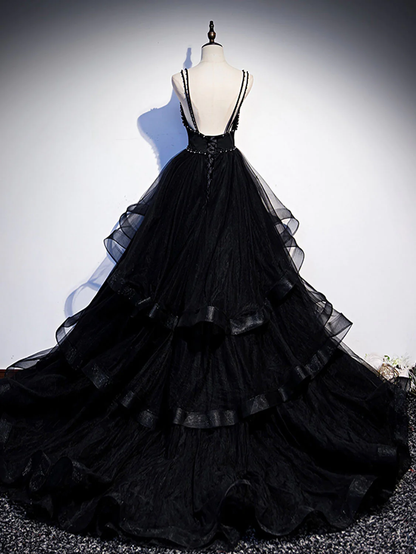 Black V Neck Tulle Beading Long Prom Dress Wedding Dress DP063