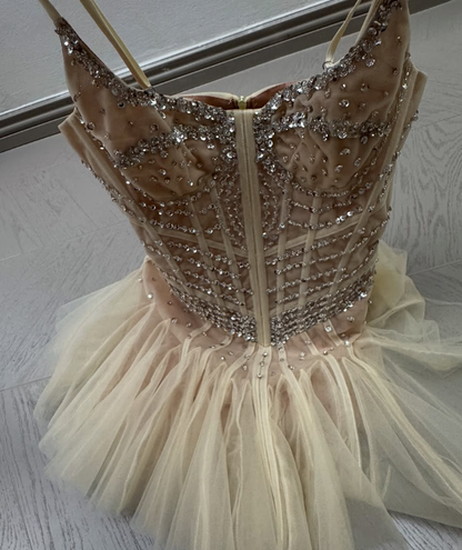 Apricot A Line Spaghetti Strap Rhinestone Corset Tulle Short Prom Dress Homecoming Dress DP7964