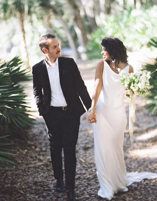 Open Back Sexy Sheath Round Neck White Satin Long Wedding Dress DP4303