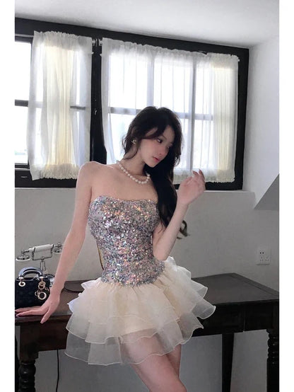 Shiny A Line Strapless Sequin Layered Organza Short Homecoming Dress Outfits DP6394