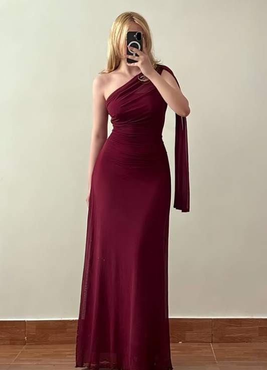 Burgundy Sheath One Shoulder Simple Chiffon Prom Dress Evening Dress DP6044