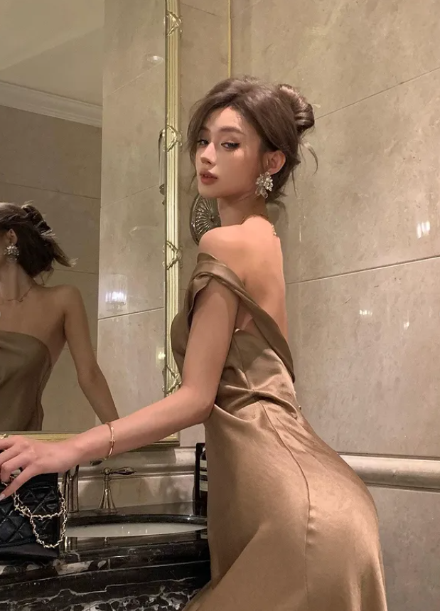 Simple A Line One Shoulder Brown Satin Long Prom Dress Evening Dress DP4262