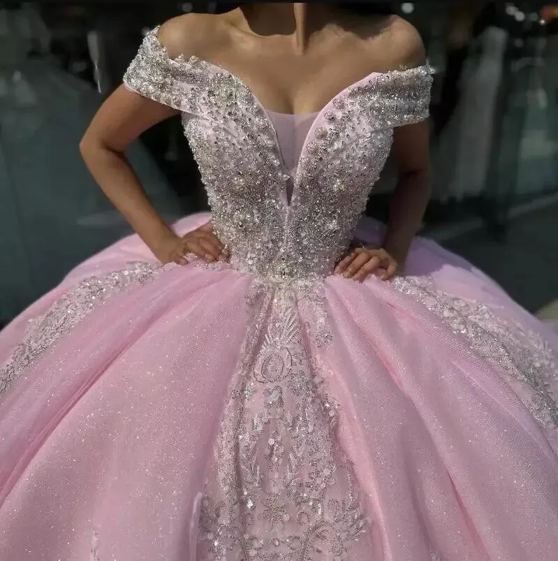 Sexy Pink Quinceanera Dress Off Shoulder Appliques Beaded Ball Gown Sweet 16  Princess DP684