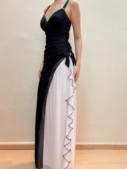 Vintage Black-white A Line Straps Chiffon Prom Dress Evening Dress Date Dress DP5271
