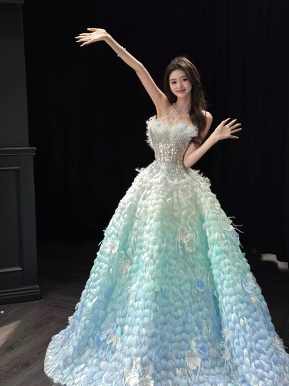 Stunning Ball Gown Strapless Blue Green Ombre Feather Tulle Prom Dress 16th Birthday Dress DP4241