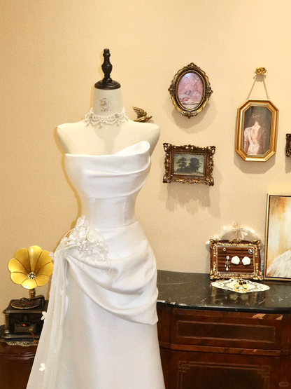 Simple White A Line Strapless Satin Long Prom Dress Wedding Dress DP7034