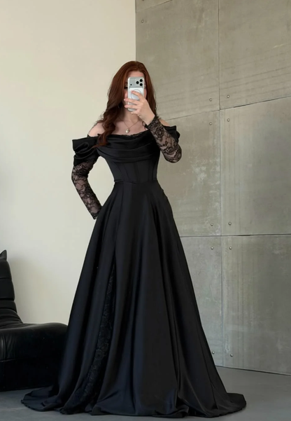 Elegant Black A Line Long Sleeve Lace Satin Prom Dress Eveening Dress DP5632