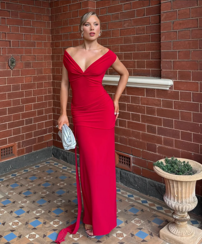 Sexy Red Sheath Off the Shoulder Satin Backless Long Prom Dress Evening Dress DP6023