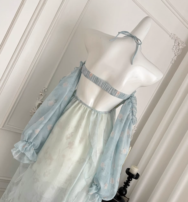 Flowy Blue A Line Halter Ruffle Chiffon Vacation Dress Homecoming Dress Outfits DP3546