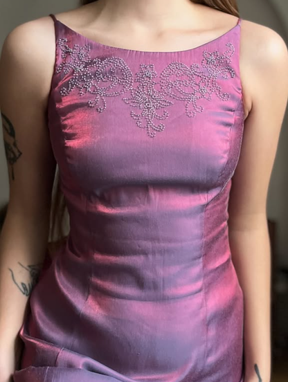 Vintage A Line Exquisite Beaded Purple Satin Prom Dress Evening Dress Date Dress DP5707