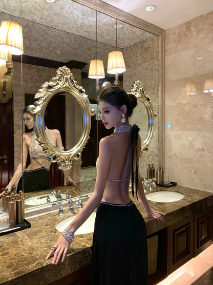 Sexy Mermaid Halter Sequin Beaded Satin Open Back Prom Dress Party Dress DP4552