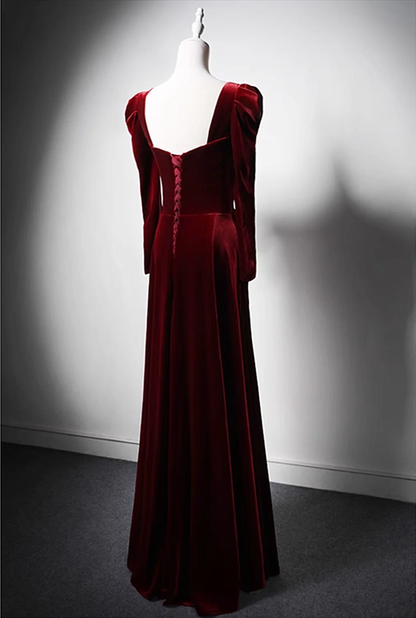 Burgundy Long Sleeves Velvet Long Prom Dress Party Dress Bridesmaid Dress DP632