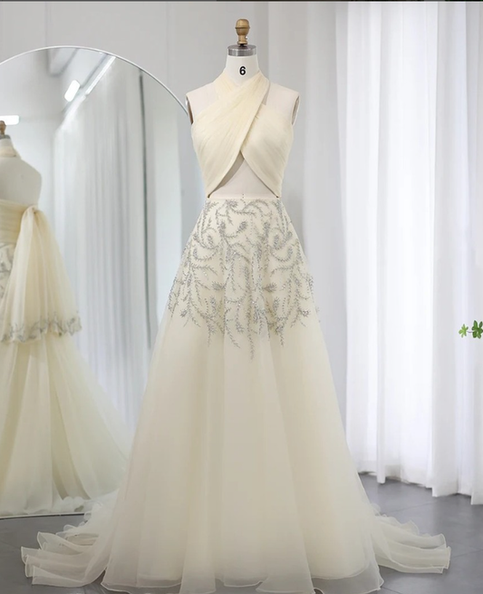 Elegant A Line Halter Beaded Ivory Tulle Long Prom Dress Evening Dress DP1491