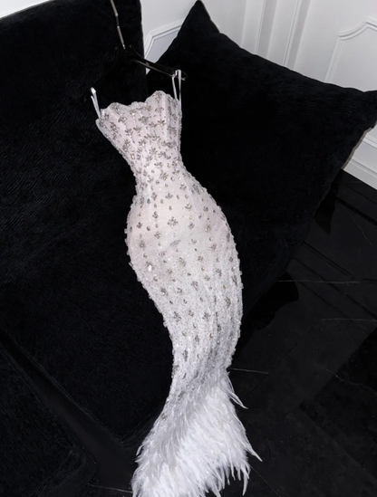 Gorgeous Sheath Strapless Rhinestone White Tulle Prom Dress Evening Dress DP2780