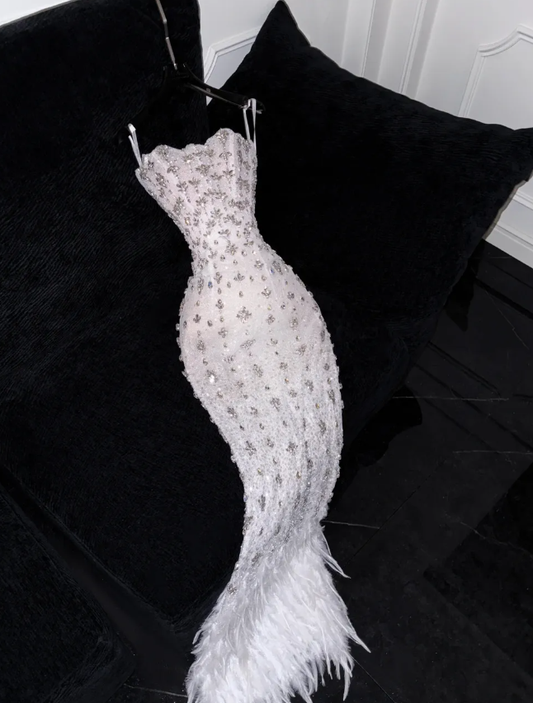 Gorgeous Sheath Strapless Rhinestone White Tulle Prom Dress Evening Dress DP2780