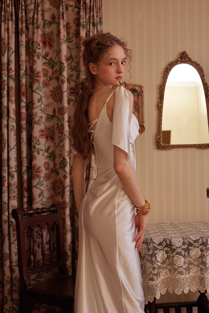 New Sheath Spaghetti Strap White Lace Satin Long Prom Dress Birthday Dress DP2749