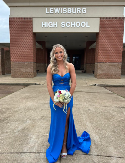 Royal Blue Mermaid Strapless Shiny Beaded Satin Slit Long Prom Dress Evening Dress DP6279
