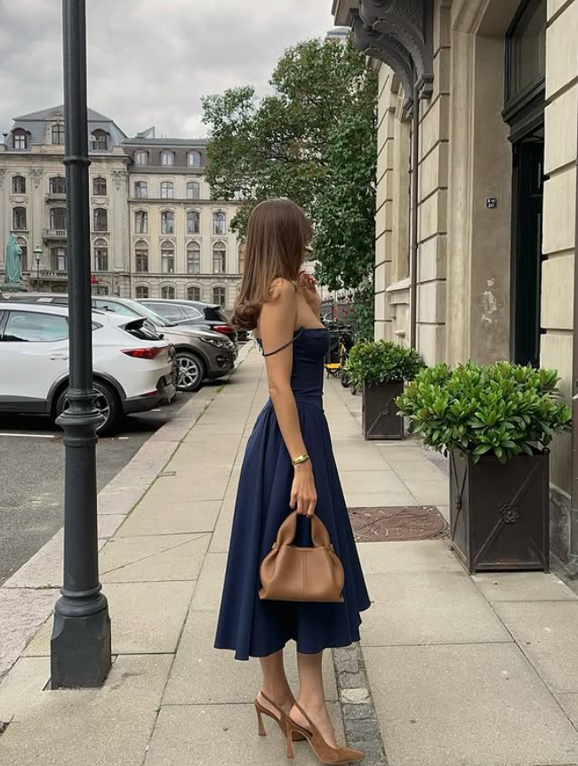Simple Classic A Line Spaghetti Strap Navy Blue Satin Prom Dress Outfits DP6168
