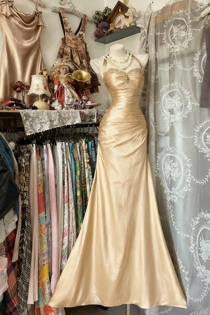 Vintage Halter Mermaid Long Prom Dresses Beaded Satin Blue Evening Dresses Birthday Dresses DP4596