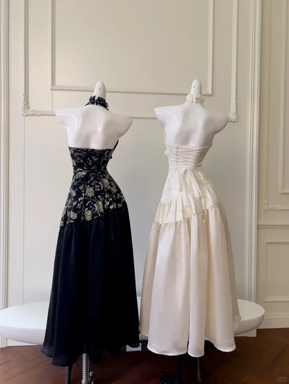 Vintage A Line V Neck Black Print Floral Satin Long Prom Dress Evening Dress DP4740