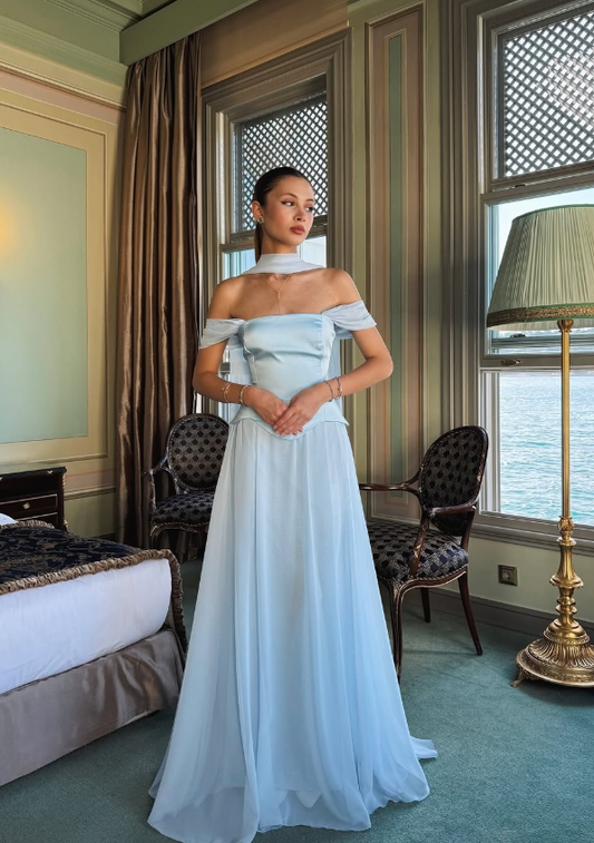 Elegant Baby Blue A Line Off the Shoulder Chiffon Satin Prom Dress Evening Dress Formal Dress DP3211