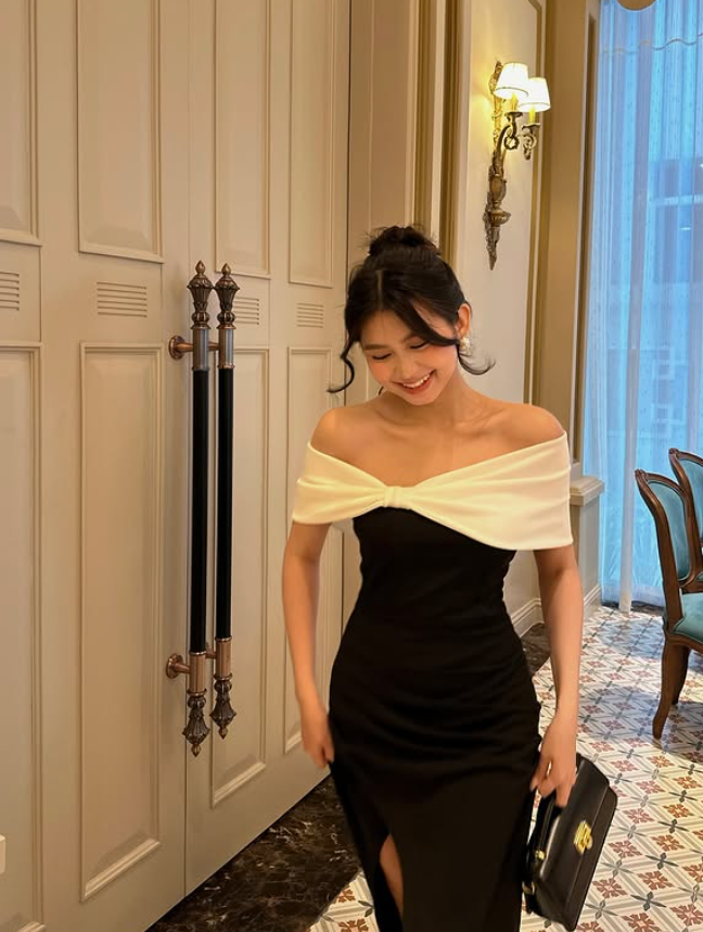 Classic Elegant Sheath Off the Shoulder Black-White Satin Long Prom Dress Evening Dress DP3966