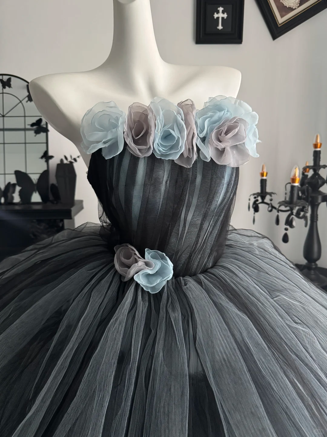 Grey Ball Gown Strapless Floral Layered Tulle Prom Dress Quinceanera Dress DP6971