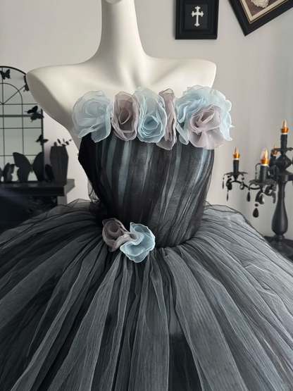Grey Ball Gown Strapless Floral Layered Tulle Prom Dress Quinceanera Dress DP6971