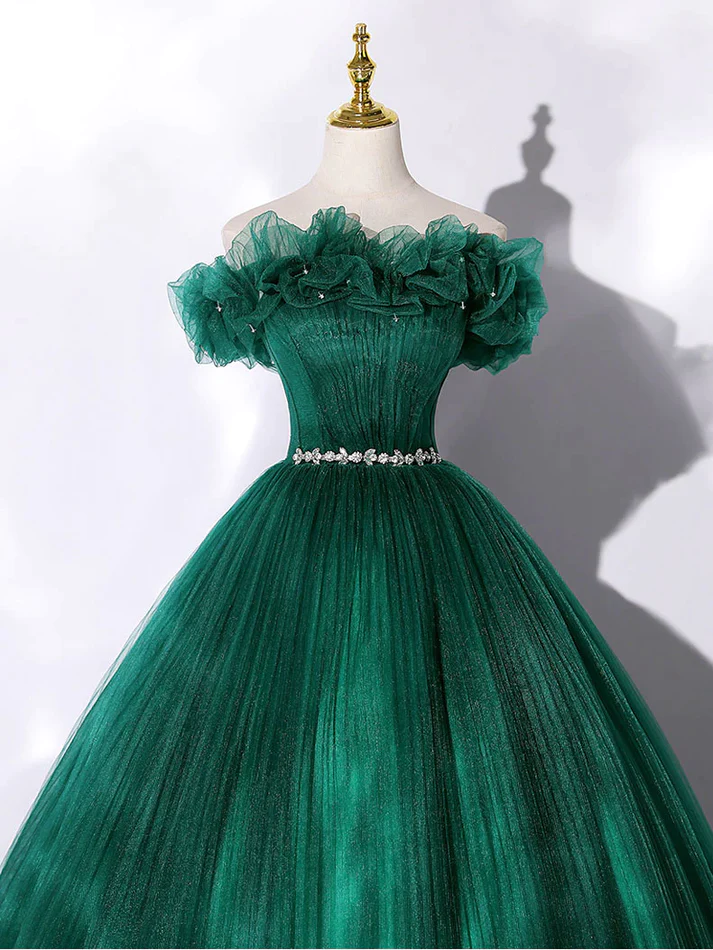 Green Tulle Off The Shoulder Folds Long Prom Dress Princess Evening Dress Ball Gown DP141