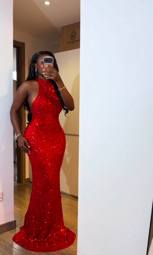 Shiny Red Mermaid Halter Sequin Backless Long Prom Dress Evening Dress DP7861
