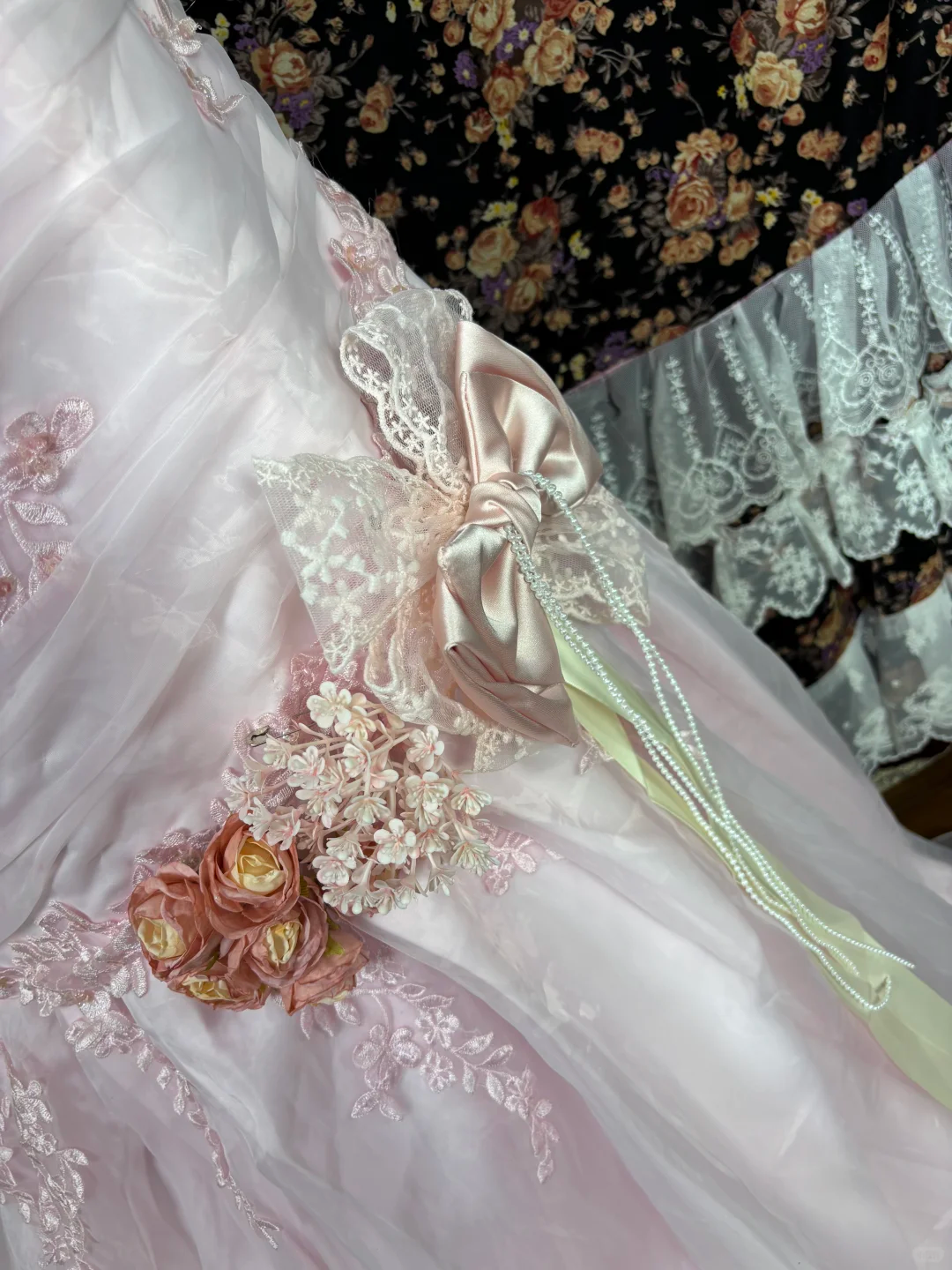 Light Pink Retro Mermaid Strap Pleated Beaded Floral Organza Satin Prom Dress Formal Dress DP3207