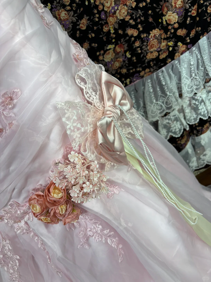 Light Pink Retro Mermaid Strap Pleated Beaded Floral Organza Satin Prom Dress Formal Dress DP3207