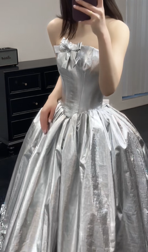 Unique A Line Strapless Bow Silver Satin Long Prom Dress Evening Dress DP4806