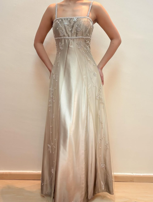 Vintage A Line Spaghetti Strap Beaded Chiffon Satin Long Prom Dress Evening Dress DP1682