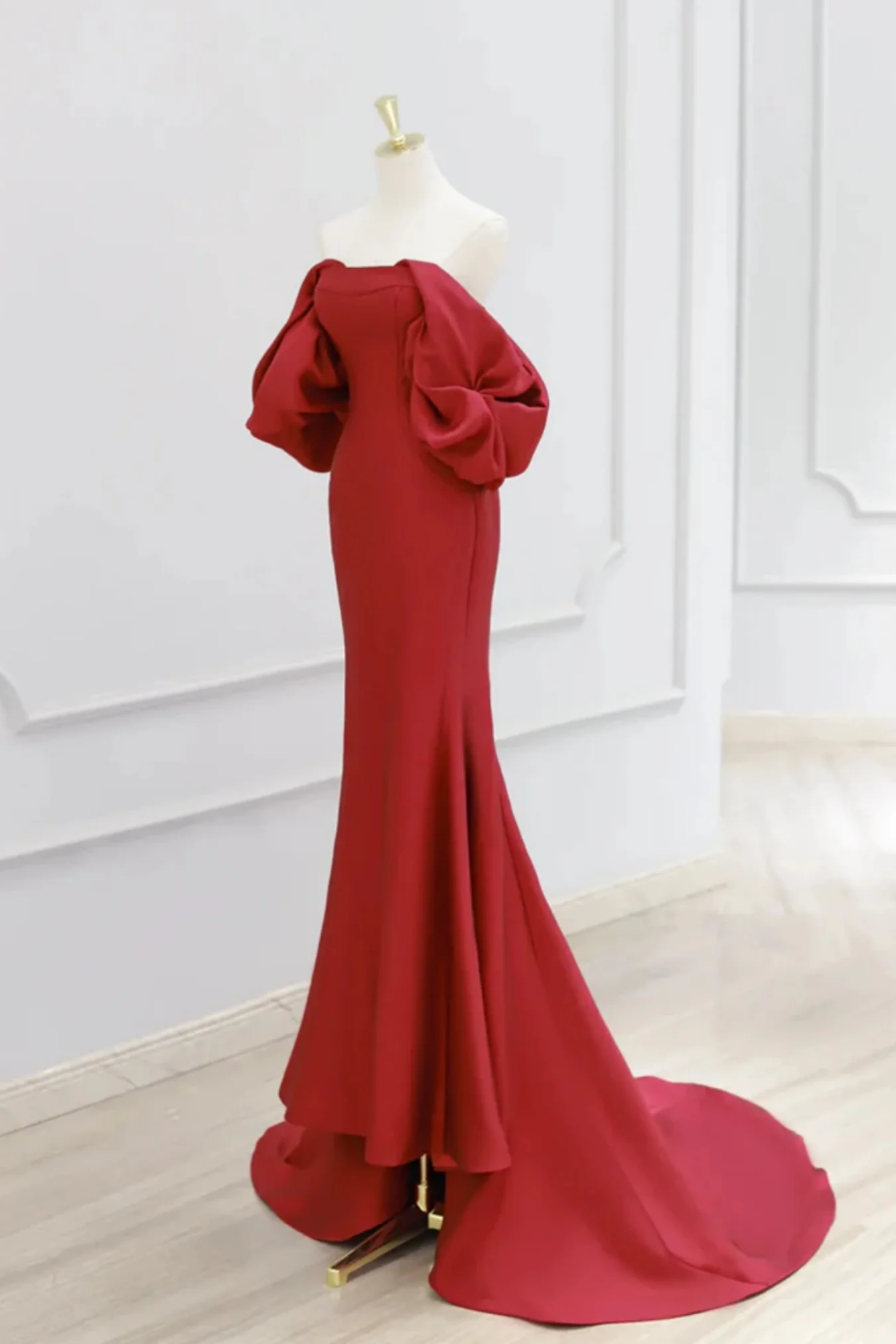 Off Shoulder Mermaid Red Satin Long Prom Dress Evening Dress DP648